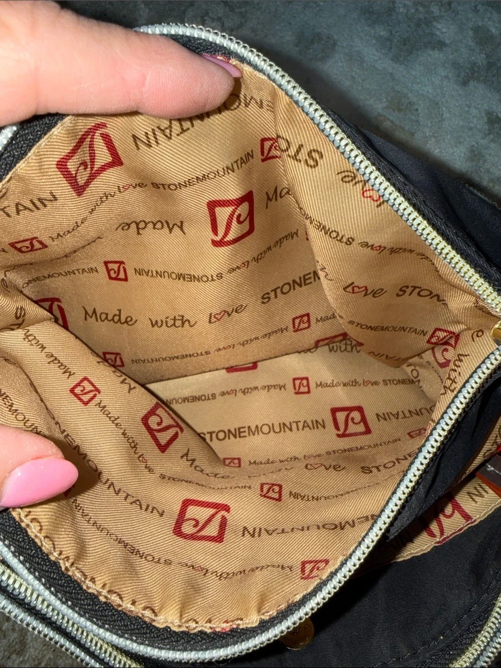 Stone Mountain Black Crossbody Bag with Red-orange and gold Trim Accents. New!